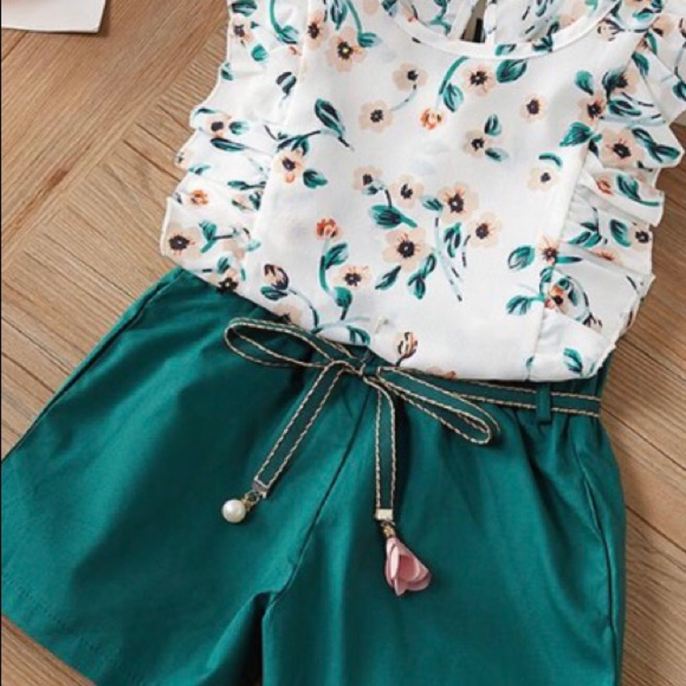 2-Piece Floral Ruffled Top and Solid Belted